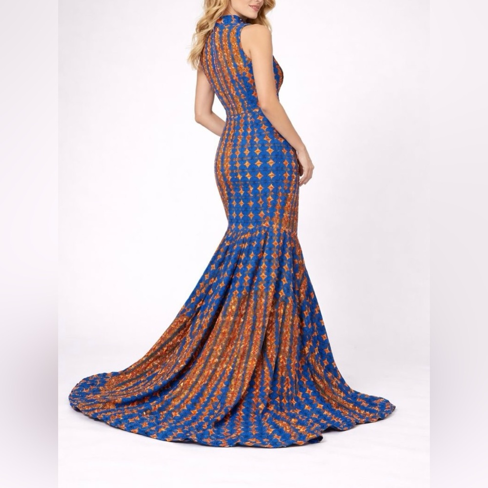 Elegant Blue and Orange Evening Gown - African Print  Dress